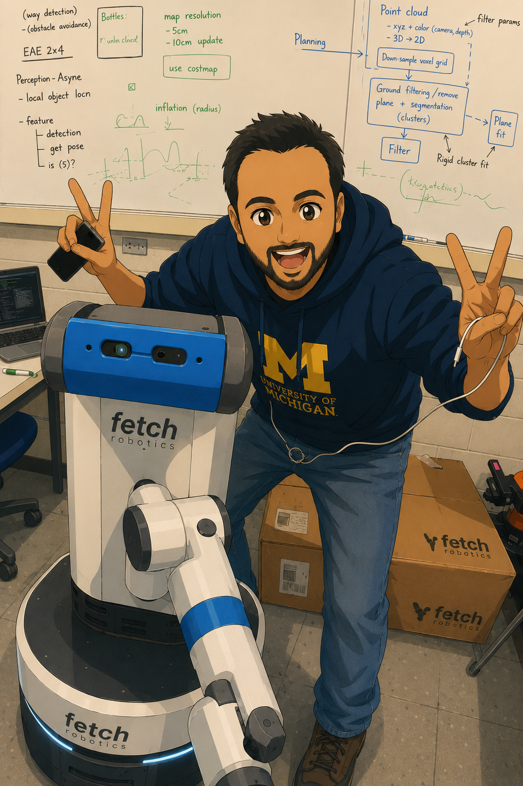 Abhishek with a mobile manipulator, perception overlay